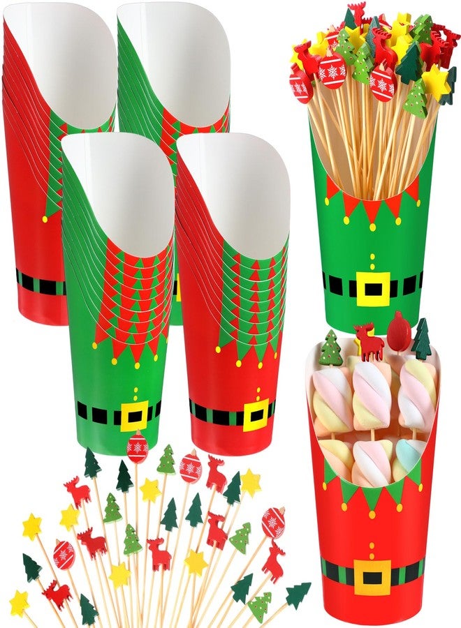 Jingmore 150 Pcs Christmas Charcuterie Cups Xmas Paper French Fries Holder with Xmas Fruit Cocktail Picks 14oz Disposable Party Snack Cups Appetizer Cups for Christmas Party(Elf) - Image 1